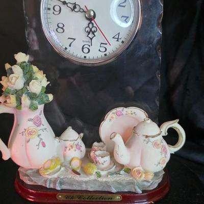 CK Collection Glass-Back Tea Service Quartz Clock — Hand-Painted Roses & Lemons Still Life