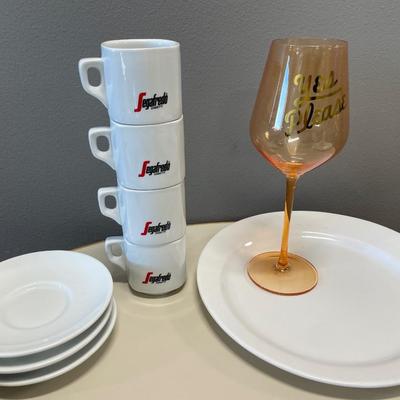 Seared stacking cups with wine glass, plate and saucers
