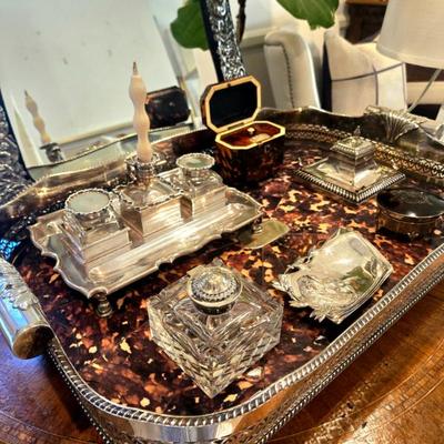 Various sterling, shell and repousse objects