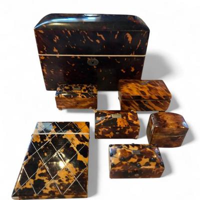 Collection of antique tea caddies, stamp, card and thimble boxes