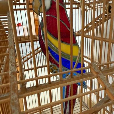Wood Bird cage w/stained glass Bird