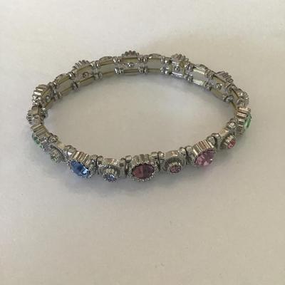Vintage silver tone pastel crystal rhinestone stretch bracelet