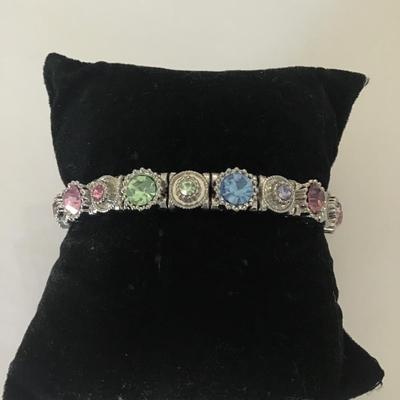 Vintage silver tone pastel crystal rhinestone stretch bracelet