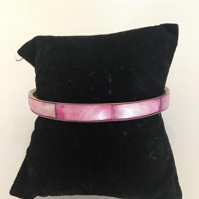Vintage brass light pink Shell inlay bangle bracelet