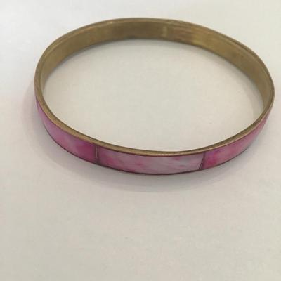 Vintage brass light pink Shell inlay bangle bracelet
