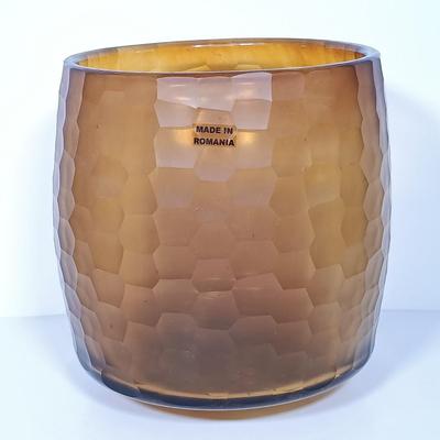 LOT 19: Romanian Amber Glass Vase with Cut Crystal Vase, Crewel, Dish & Knife Rest