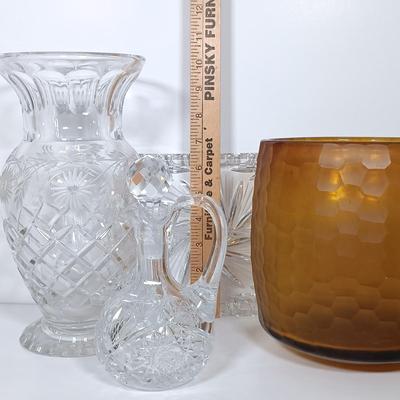 LOT 19: Romanian Amber Glass Vase with Cut Crystal Vase, Crewel, Dish & Knife Rest
