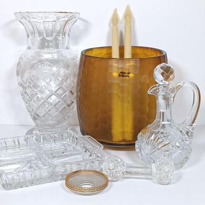 LOT 19: Romanian Amber Glass Vase with Cut Crystal Vase, Crewel, Dish & Knife Rest