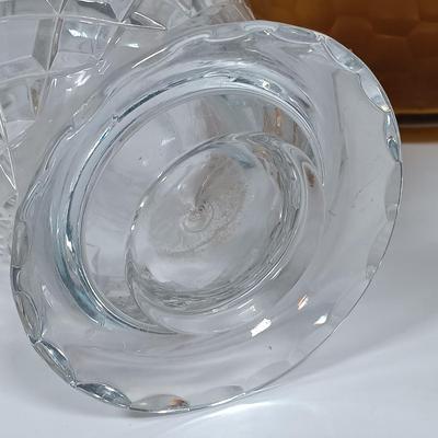 LOT 19: Romanian Amber Glass Vase with Cut Crystal Vase, Crewel, Dish & Knife Rest