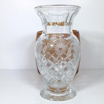 LOT 19: Romanian Amber Glass Vase with Cut Crystal Vase, Crewel, Dish & Knife Rest
