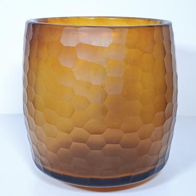 LOT 19: Romanian Amber Glass Vase with Cut Crystal Vase, Crewel, Dish & Knife Rest