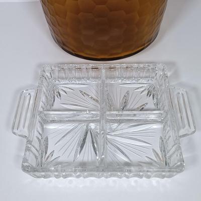 LOT 19: Romanian Amber Glass Vase with Cut Crystal Vase, Crewel, Dish & Knife Rest