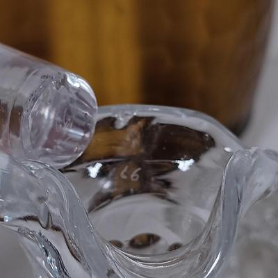 LOT 19: Romanian Amber Glass Vase with Cut Crystal Vase, Crewel, Dish & Knife Rest