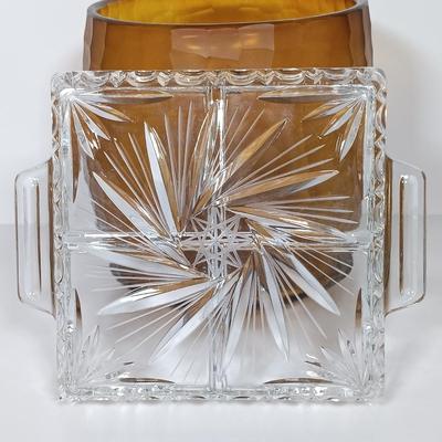 LOT 19: Romanian Amber Glass Vase with Cut Crystal Vase, Crewel, Dish & Knife Rest