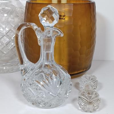 LOT 19: Romanian Amber Glass Vase with Cut Crystal Vase, Crewel, Dish & Knife Rest