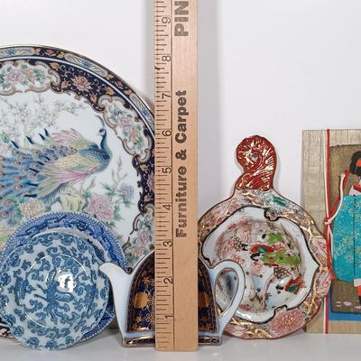 LOT 21: Celadon-Tone Elephant Teapot with Cup, Toyo Peacock Plate, Macau Made Enameled Dish & More