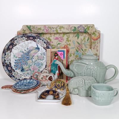 LOT 21: Celadon-Tone Elephant Teapot with Cup, Toyo Peacock Plate, Macau Made Enameled Dish & More