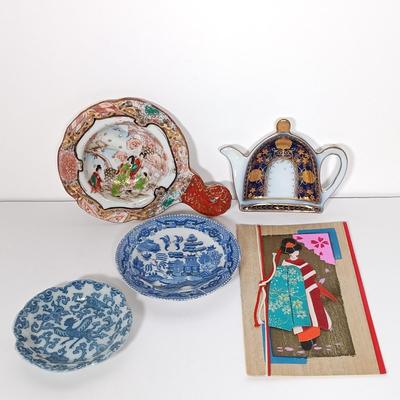 LOT 21: Celadon-Tone Elephant Teapot with Cup, Toyo Peacock Plate, Macau Made Enameled Dish & More