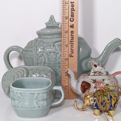LOT 21: Celadon-Tone Elephant Teapot with Cup, Toyo Peacock Plate, Macau Made Enameled Dish & More