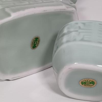 LOT 21: Celadon-Tone Elephant Teapot with Cup, Toyo Peacock Plate, Macau Made Enameled Dish & More