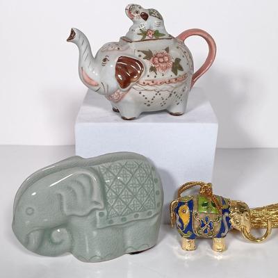 LOT 21: Celadon-Tone Elephant Teapot with Cup, Toyo Peacock Plate, Macau Made Enameled Dish & More