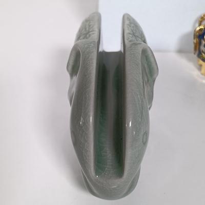 LOT 21: Celadon-Tone Elephant Teapot with Cup, Toyo Peacock Plate, Macau Made Enameled Dish & More