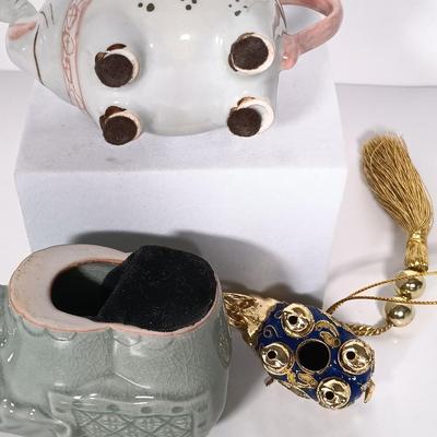 LOT 21: Celadon-Tone Elephant Teapot with Cup, Toyo Peacock Plate, Macau Made Enameled Dish & More