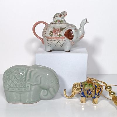 LOT 21: Celadon-Tone Elephant Teapot with Cup, Toyo Peacock Plate, Macau Made Enameled Dish & More