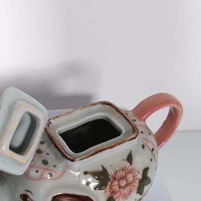 LOT 21: Celadon-Tone Elephant Teapot with Cup, Toyo Peacock Plate, Macau Made Enameled Dish & More