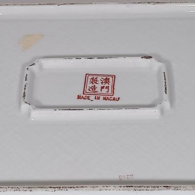 LOT 21: Celadon-Tone Elephant Teapot with Cup, Toyo Peacock Plate, Macau Made Enameled Dish & More