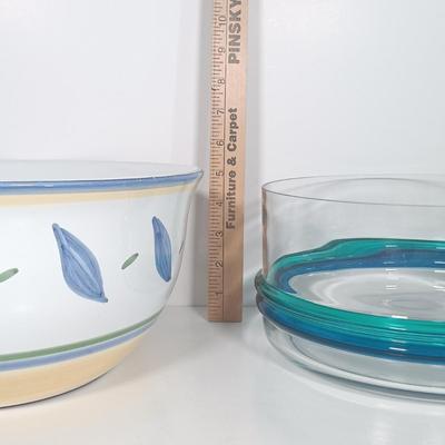 LOT 23: Williams Sonoma Tournesol Italy Serving Bowl and Platter with Pfaltzgraff Ocean Breeze Hand-Blown Glass Bowl and Pottery Plate