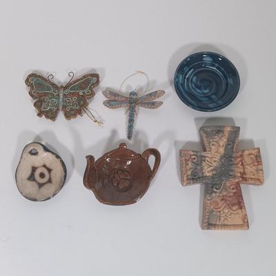 LOT 24: Collection of Handmade Pottery Art with Insect Ornaments & Signed Photo Art