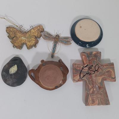 LOT 24: Collection of Handmade Pottery Art with Insect Ornaments & Signed Photo Art