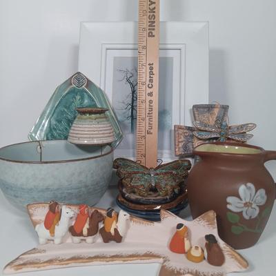 LOT 24: Collection of Handmade Pottery Art with Insect Ornaments & Signed Photo Art