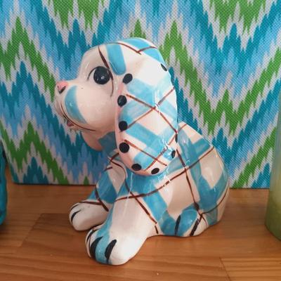LOT 26: Signed and Numbered Print, Vintage Plaid Puppy Planter, Crocheted Blankets & More