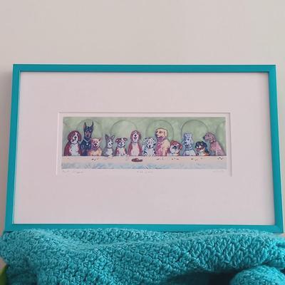 LOT 26: Signed and Numbered Print, Vintage Plaid Puppy Planter, Crocheted Blankets & More