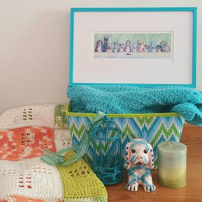 LOT 26: Signed and Numbered Print, Vintage Plaid Puppy Planter, Crocheted Blankets & More