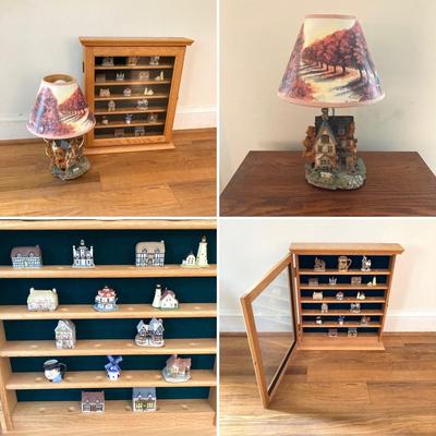 LOT 30: Vintage Wall Mount / Hanging Collectible Cabinet, Miniature Collection and Four Seasons Table Lamp