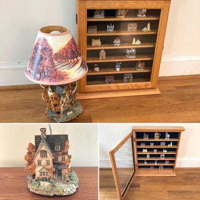 LOT 30: Vintage Wall Mount / Hanging Collectible Cabinet, Miniature Collection and Four Seasons Table Lamp