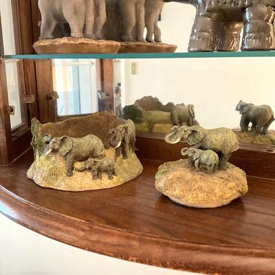 LOT 33: Wall Mount / Hanging Curio Cabinet with Glass Shelves & Doors with Collection of Collectible Elephant Decor