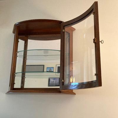 LOT 33: Wall Mount / Hanging Curio Cabinet with Glass Shelves & Doors with Collection of Collectible Elephant Decor