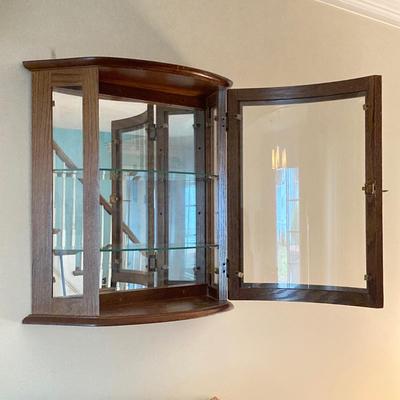 LOT 33: Wall Mount / Hanging Curio Cabinet with Glass Shelves & Doors with Collection of Collectible Elephant Decor