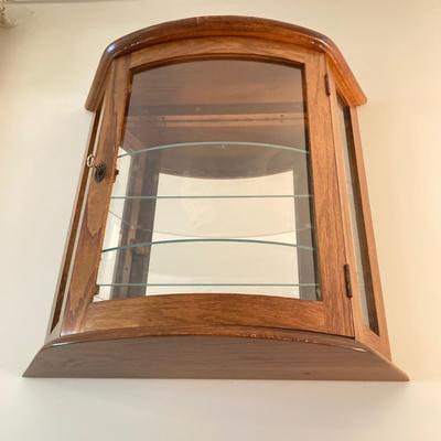 LOT 33: Wall Mount / Hanging Curio Cabinet with Glass Shelves & Doors with Collection of Collectible Elephant Decor