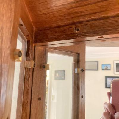 LOT 33: Wall Mount / Hanging Curio Cabinet with Glass Shelves & Doors with Collection of Collectible Elephant Decor