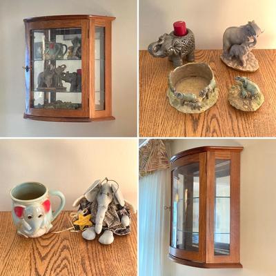 LOT 33: Wall Mount / Hanging Curio Cabinet with Glass Shelves & Doors with Collection of Collectible Elephant Decor
