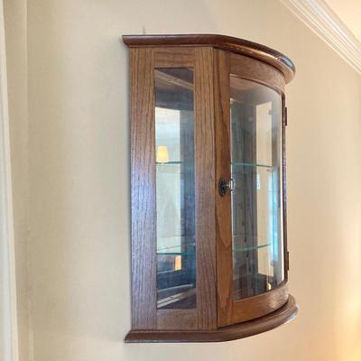 LOT 33: Wall Mount / Hanging Curio Cabinet with Glass Shelves & Doors with Collection of Collectible Elephant Decor