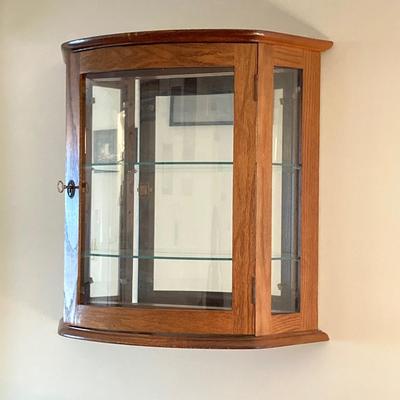 LOT 33: Wall Mount / Hanging Curio Cabinet with Glass Shelves & Doors with Collection of Collectible Elephant Decor