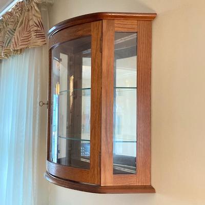 LOT 33: Wall Mount / Hanging Curio Cabinet with Glass Shelves & Doors with Collection of Collectible Elephant Decor