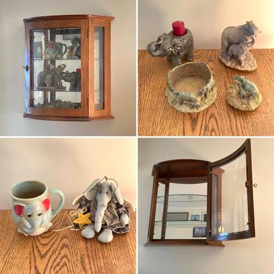 LOT 33: Wall Mount / Hanging Curio Cabinet with Glass Shelves & Doors with Collection of Collectible Elephant Decor