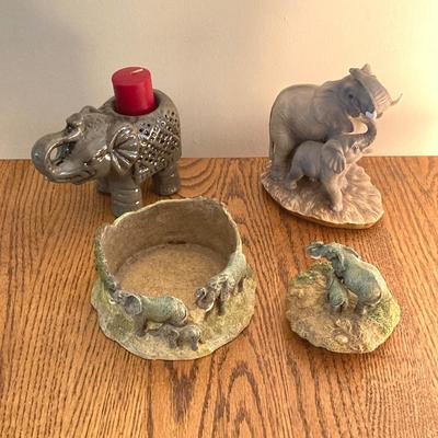 LOT 33: Wall Mount / Hanging Curio Cabinet with Glass Shelves & Doors with Collection of Collectible Elephant Decor